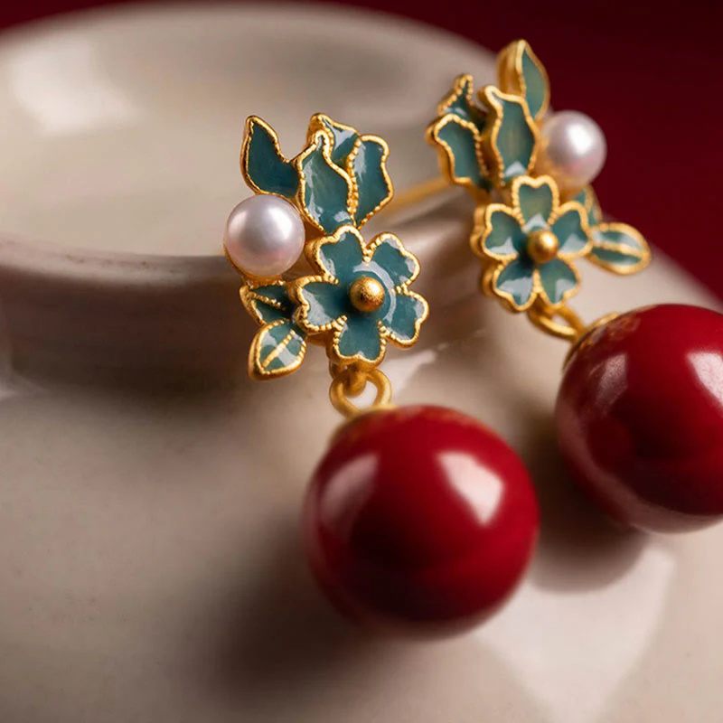 925 Sterling Silver Plated Gold Cinnabar Pearl Flower Jewelry Set