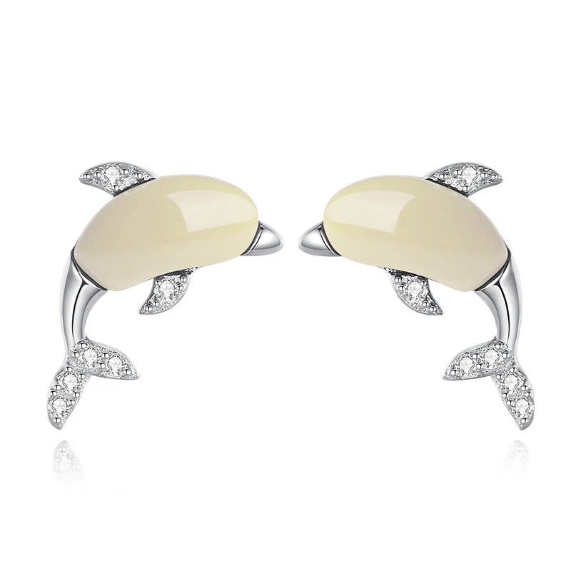 925 Sterling Silver Cute Dolphin Jade Red Agate Luck Necklace Pendant Ring Earrings Set