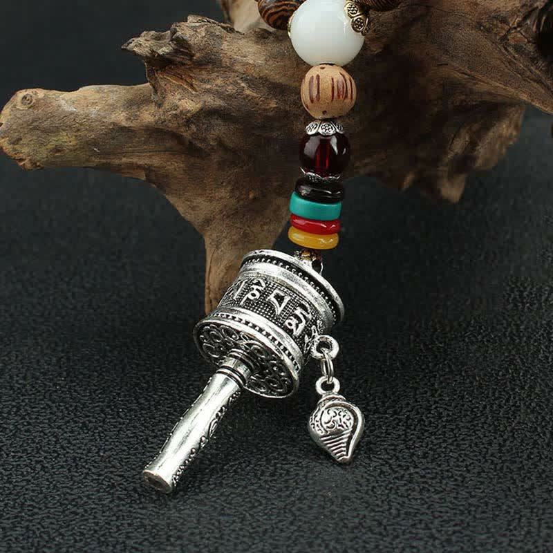 Tibetan Om Mani Padme Hum Prayer Wheel Rotating Vajra Wood Necklace Pendant