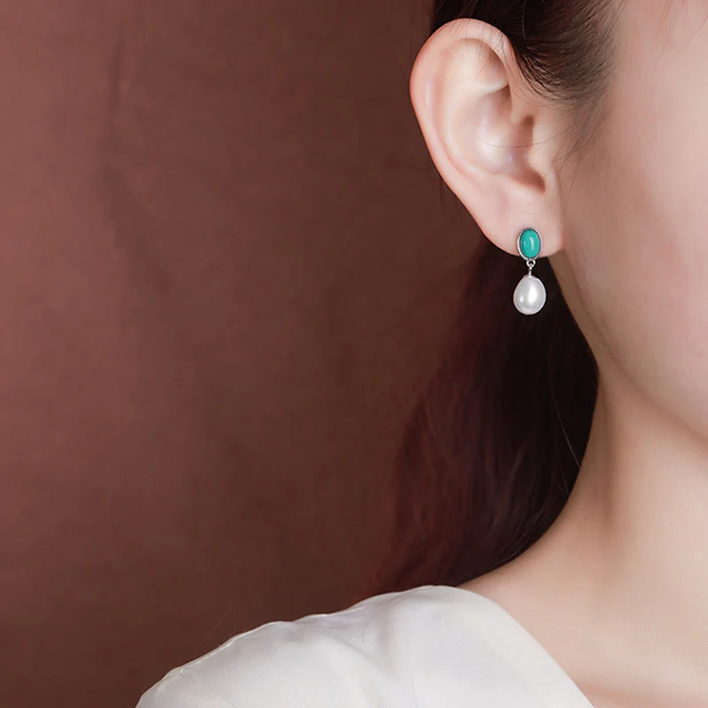 925 Sterling Silver Pearl Turquoise Healing Necklace Pendant Ring Earrings Set