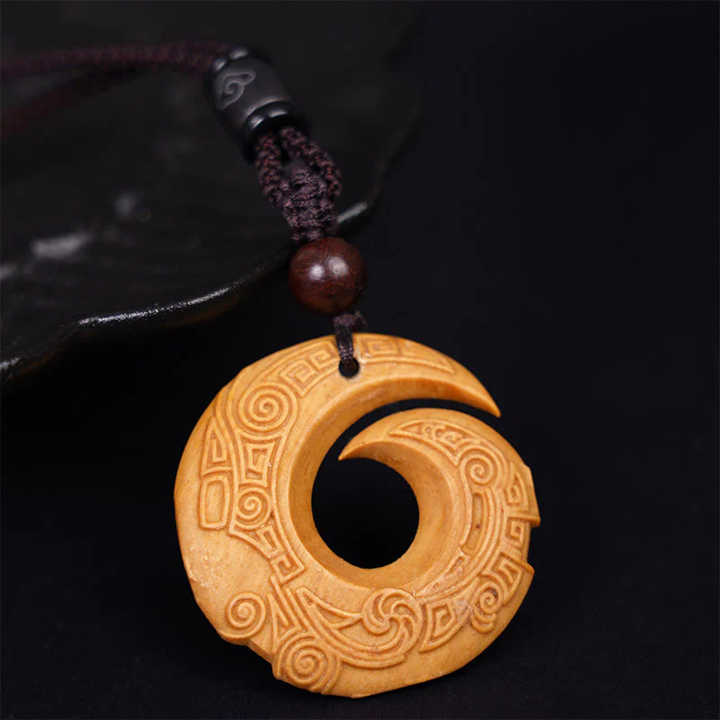 Ebony Wood Sandalwood Good Luck Design Pattern Peace Necklace Pendant