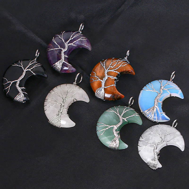 Natural Quartz Crystal Moon Tree of Life Healing Energy Necklace Pendant