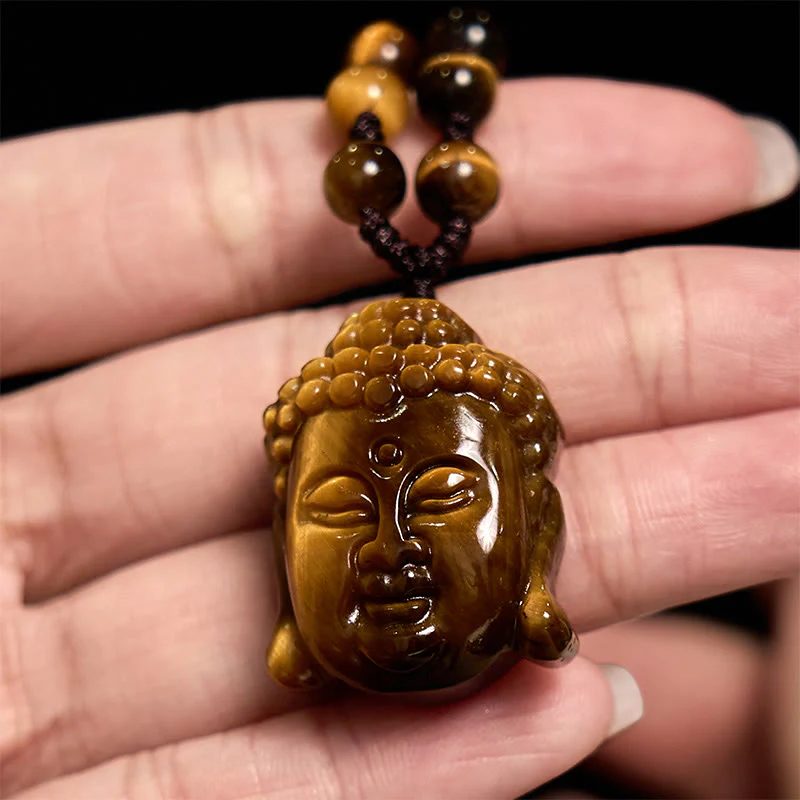 Tiger Eye String Buddha Head Courage Necklace Pendant