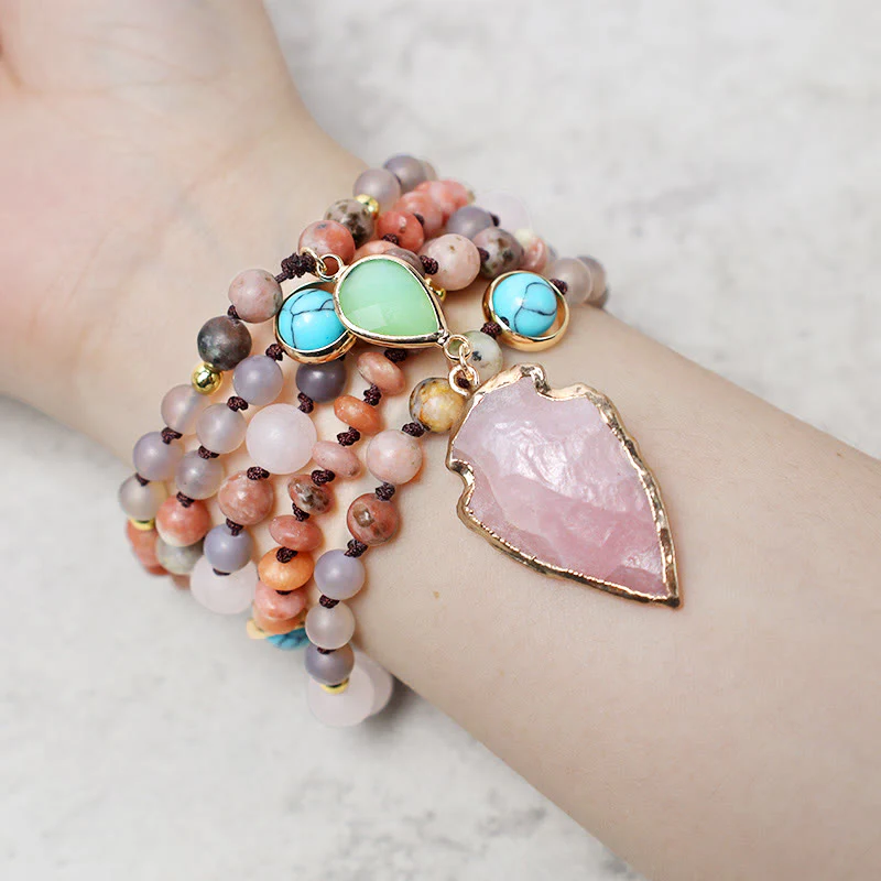 Renbeads Natural Rose Quartz Crystal Stone Healing Arrowhead Necklace Pendant