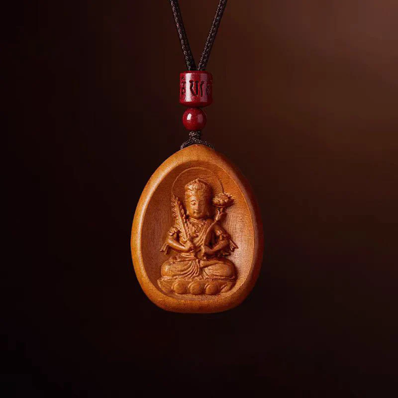 Peach Wood Cinnabar Om Mani Padme Hum Chinese Zodiac Black String Necklace Pendant