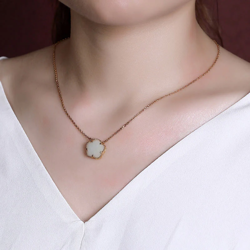 925 Sterling Silver Plated Gold Natural Jade Flower Luck Necklace Pendant Ring Set