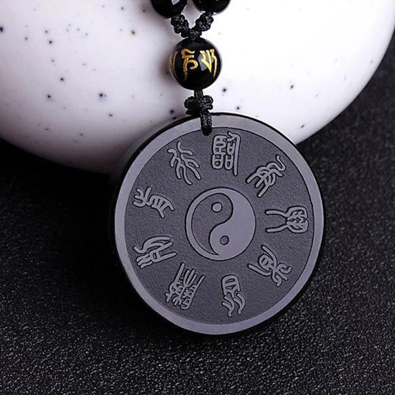 Renbeads Natural Black Obsidian Taoism Five Sacred Mountains Nine-Character Mantra Carved Strength Yin Yang Necklace Pendant Key Chain