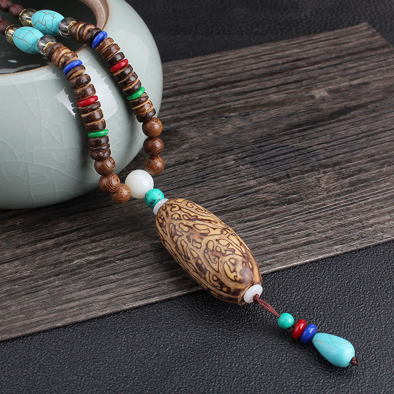 Tibetan Wenge Wood Bodhi Seed Agate Balance Peace Necklace Pendant