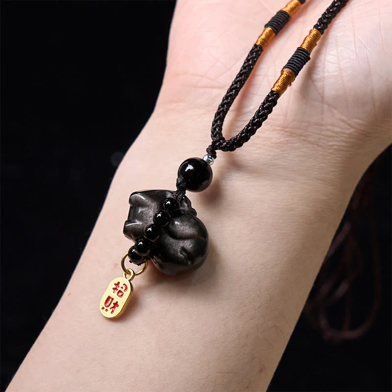 Silver Sheen Obsidian Puppy Dog and Fu Character Protection Necklace and Phone Hanging Decoration