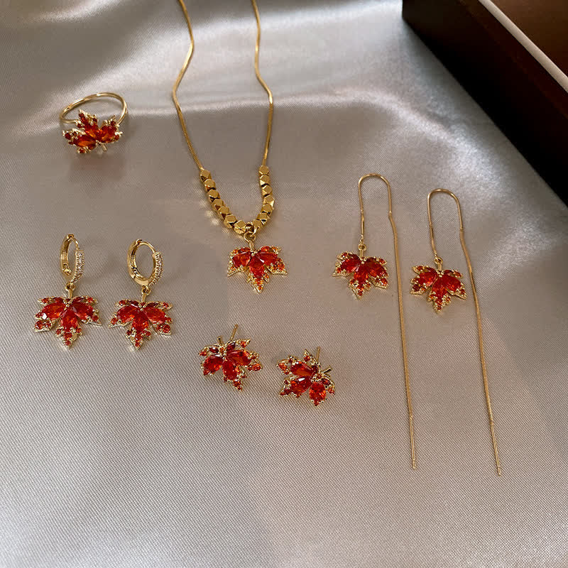 Maple Leaf Zircon Luck Jewelry Set (Necklace, Pendant, Ring, Earrings)