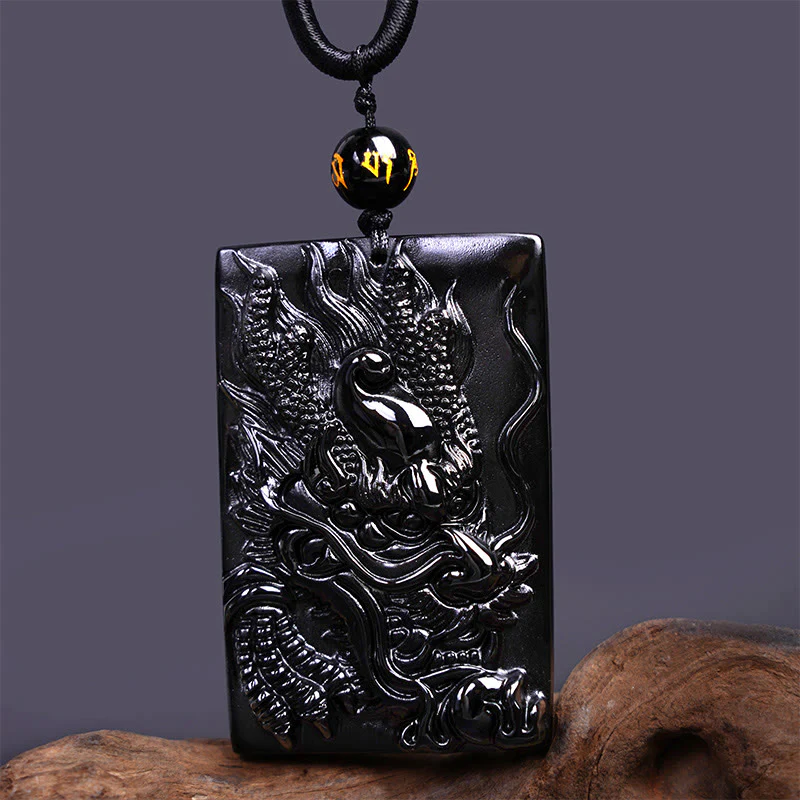 Natural Black Obsidian Rectangular Dragon Engraved Necklace Pendant