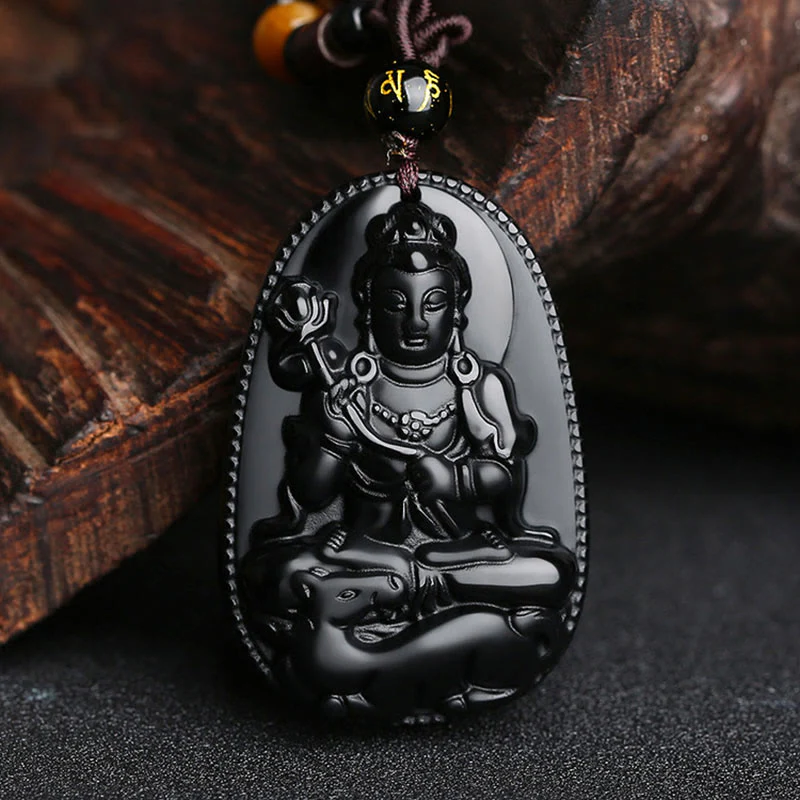 Chinese Zodiac Buddha Natural Black Obsidian Purification Necklace Pendant