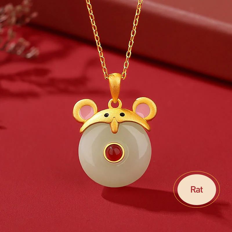 925 Sterling Silver Hetian Jade Chinese Zodiac Year of the Dragon Red Agate Luck Protection Necklace Pendant