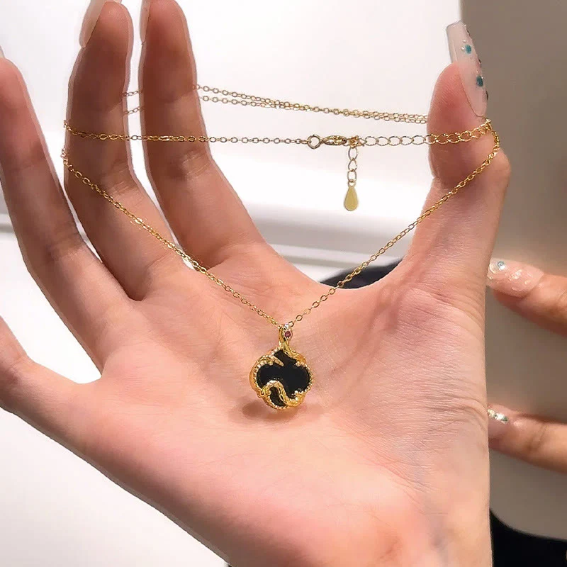 925 Sterling Silver Four Red Agate Black Onyx Leaf Clover Zodiac Blessing Necklace Pendant