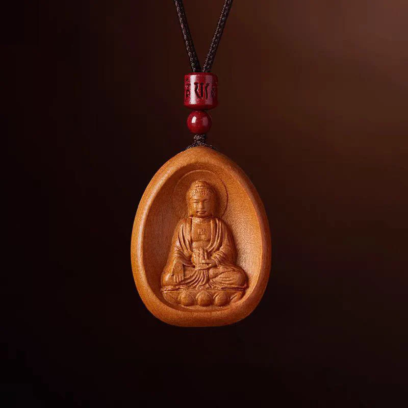 Peach Wood Cinnabar Om Mani Padme Hum Chinese Zodiac Black String Necklace Pendant