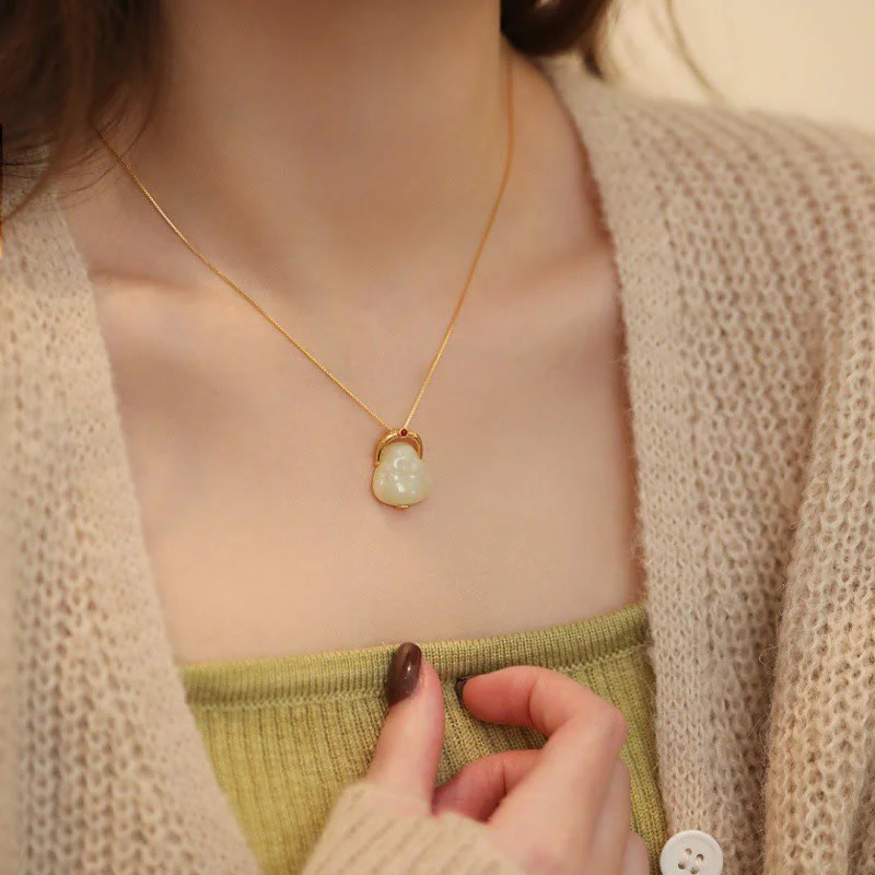 Renbeads 925 Sterling Silver Natural Hetian Jade Laughing Buddha Abundance Chain Necklace Pendant