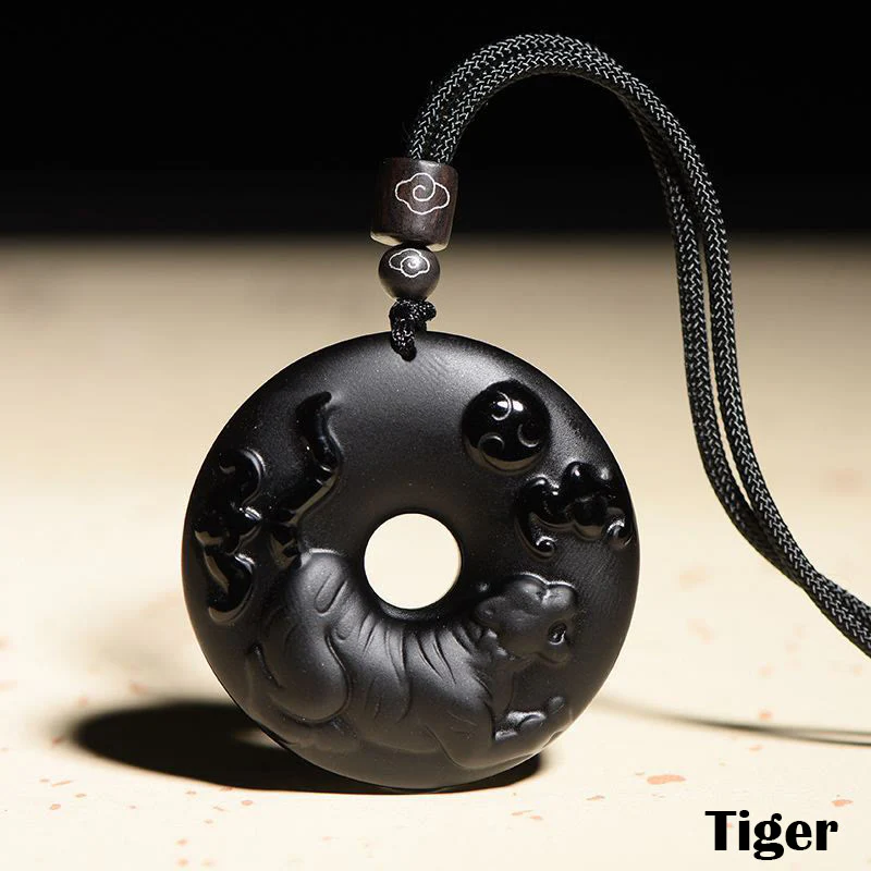 Chinese Zodiac Natural Black Obsidian Peace Buckle Strength Necklace Pendant