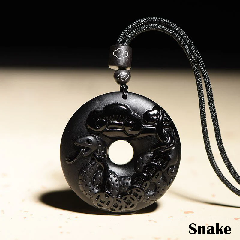 Chinese Zodiac Natural Black Obsidian Peace Buckle Strength Necklace Pendant