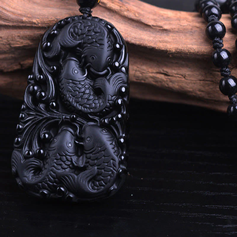 Black Obsidian Koi Fish Engraved Beaded Necklace Pendant