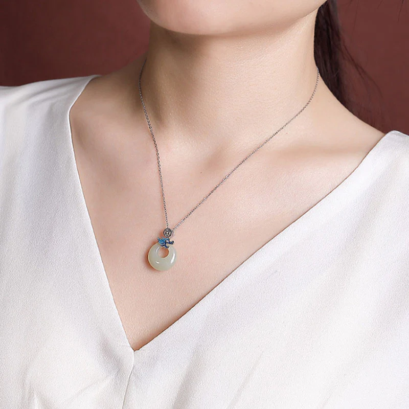 925 Sterling Silver Plated Gold Year of the Dragon Hetian Jade Peace Buckle Copper Coin Necklace Pendant