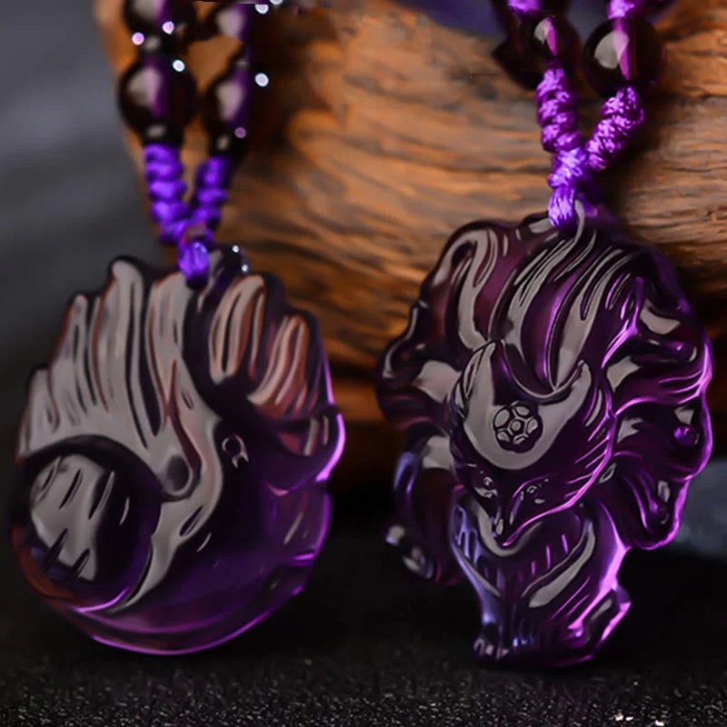 Renbeads Natural Amethyst White Crystal Citrine Nine Tailed Fox Luck Necklace Pendant