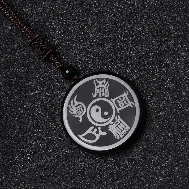 Black Obsidian Five Sacred Mountains Nine Character Mantra Carved Yin Yang Necklace Pendant