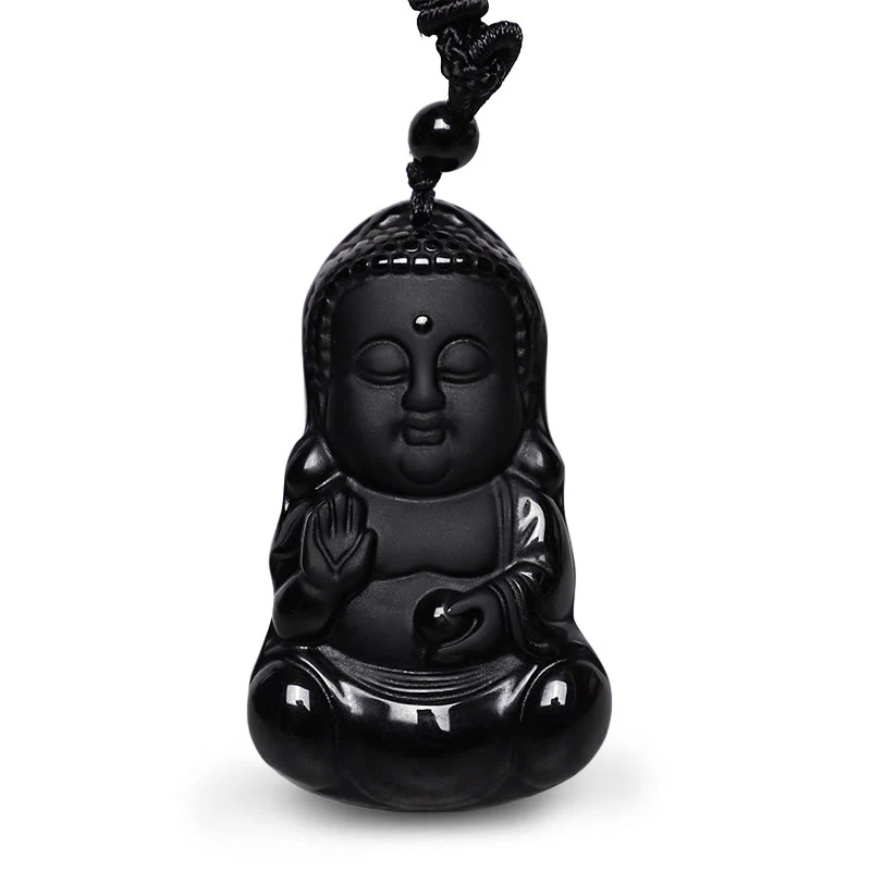 Renbeads Natural Black Obsidian Crystal Buddha Strength Protection Amulet Lucky Charm Pendant Necklace