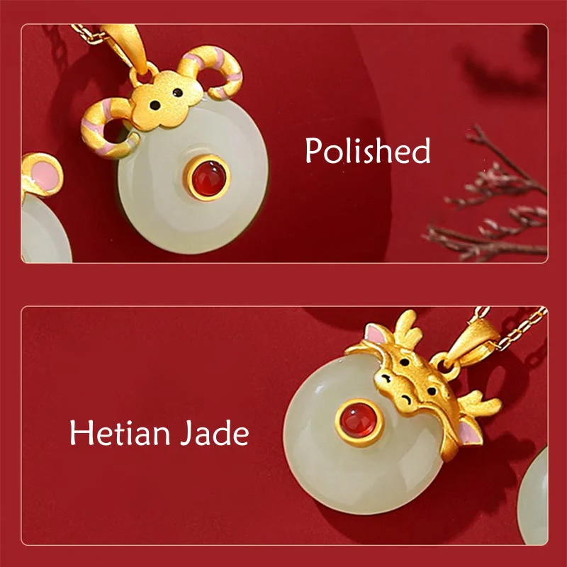 925 Sterling Silver Hetian Jade Chinese Zodiac Year of the Dragon Red Agate Luck Protection Necklace Pendant