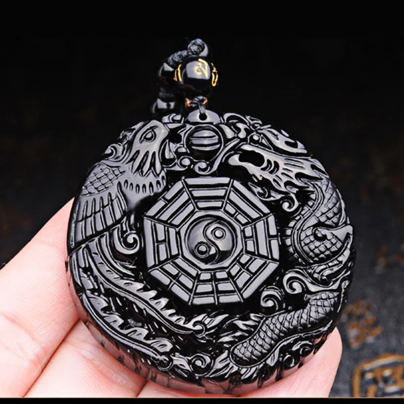 Bagua Dragon Phoenix Obsidian Fulfillment Pendant Necklace