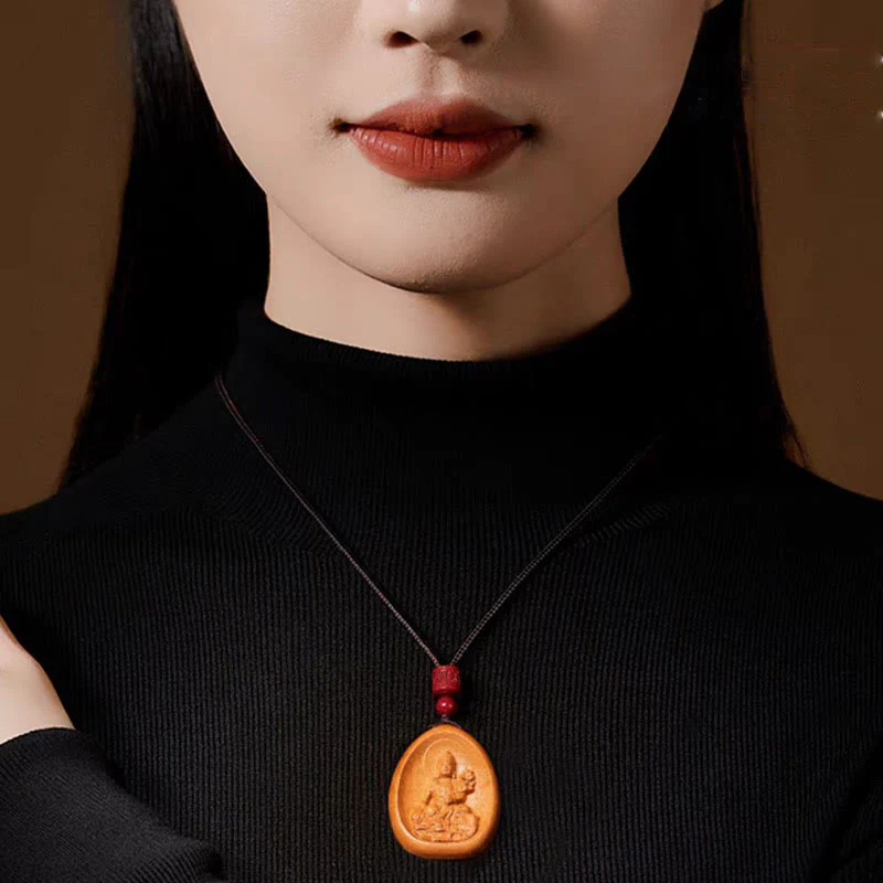 Peach Wood Cinnabar Om Mani Padme Hum Chinese Zodiac Black String Necklace Pendant