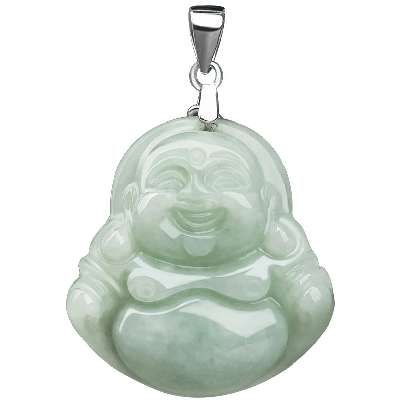 Renbeads 925 Sterling Silver Laughing Buddha Jade Blessing Necklace Chain Pendant