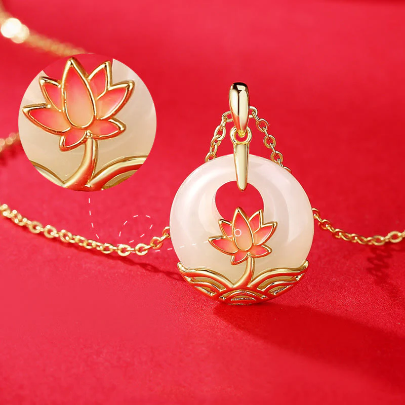 Renbeads 925 Sterling Silver Hetian White Jade Lotus Flower Blessing Necklace Pendant