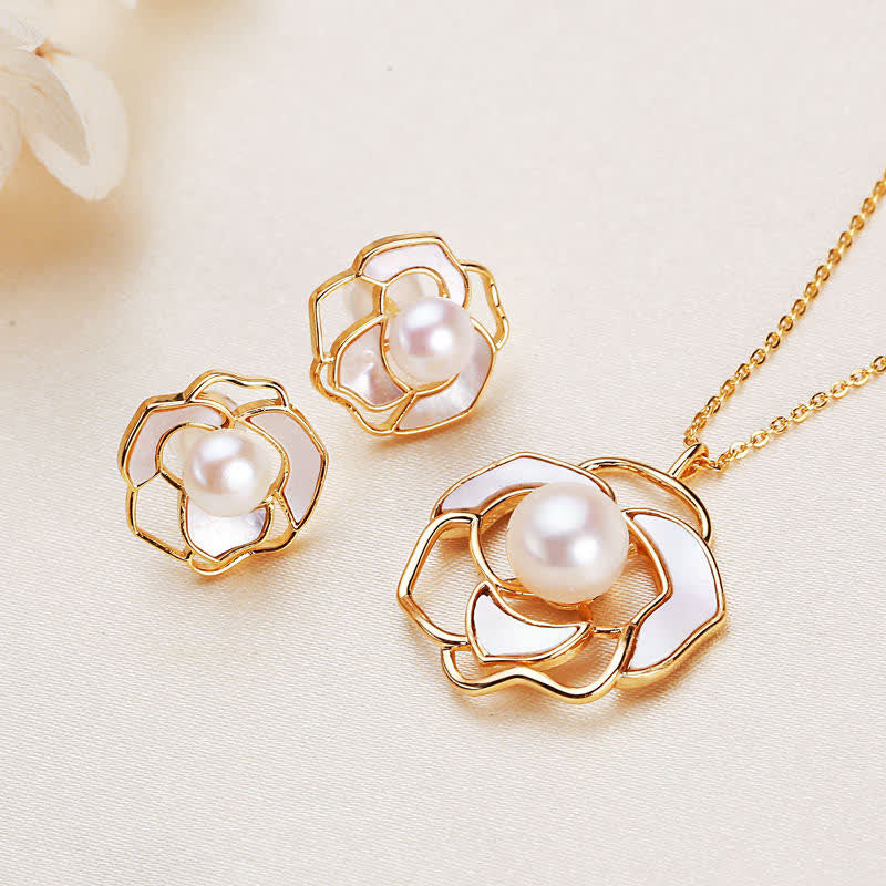 Renbeads 925 Sterling Silver Pearl Camellia Pattern Happiness Necklace Pendant Earrings