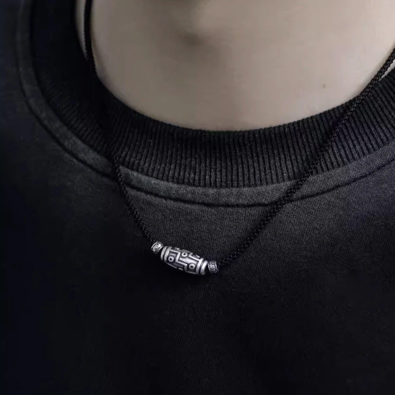 999 Sterling Silver Nine Eye Dzi Bead Pattern Protection Rope Necklace Pendant