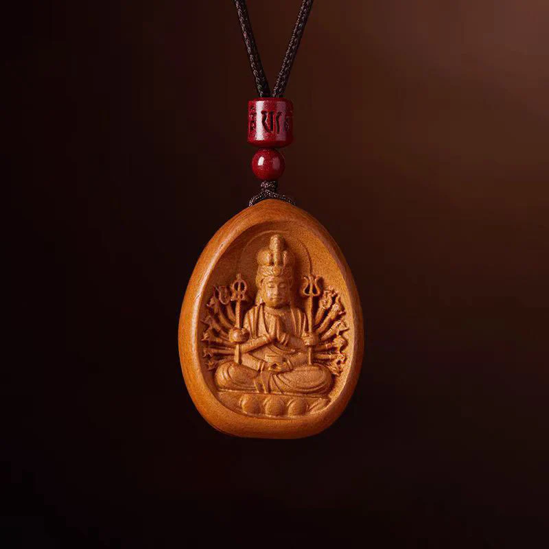 Peach Wood Cinnabar Om Mani Padme Hum Chinese Zodiac Black String Necklace Pendant