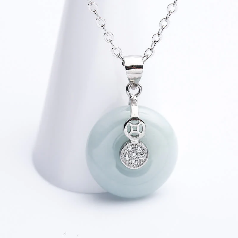 Renbeads 925 Sterling Silver Peace Buckle Jade Coin Luck Necklace Pendant