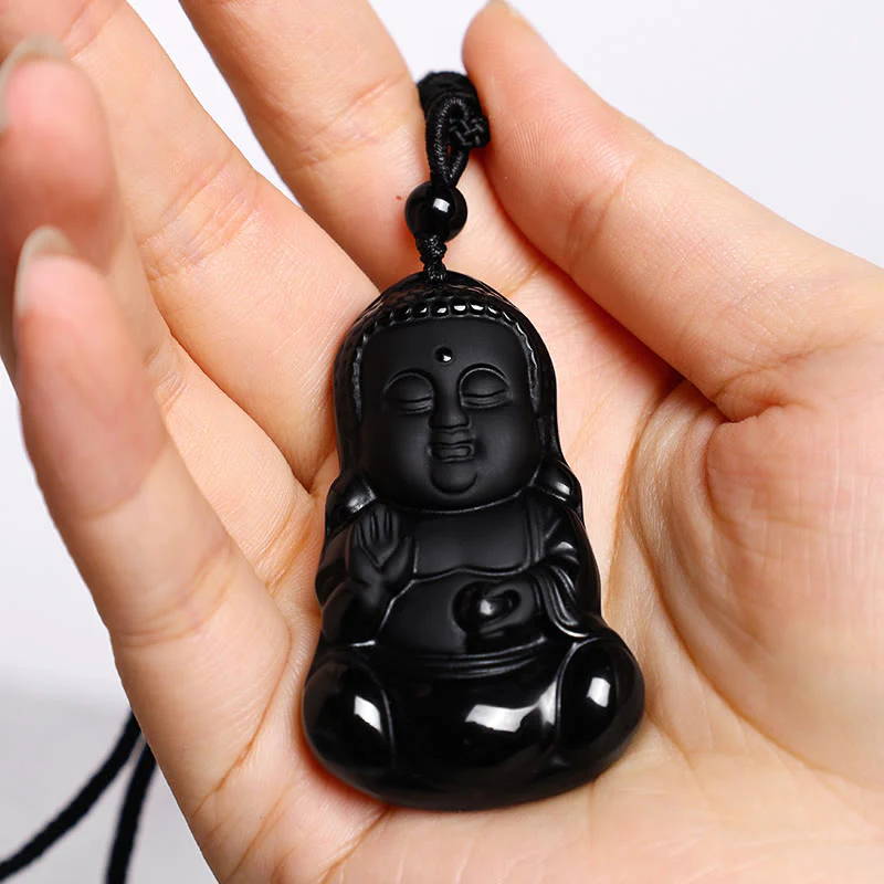 Renbeads Natural Black Obsidian Crystal Buddha Strength Protection Amulet Lucky Charm Pendant Necklace