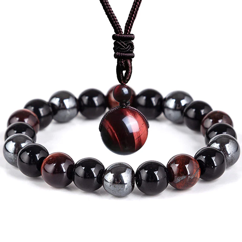 Tibetan-style Tiger's Eye Bracelet and Necklace Set