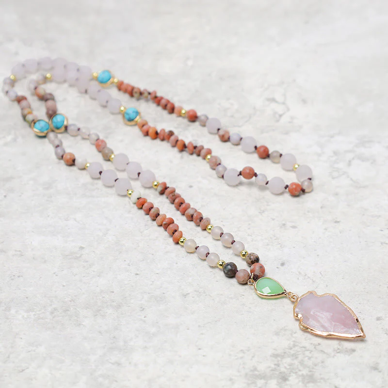 Renbeads Natural Rose Quartz Crystal Stone Healing Arrowhead Necklace Pendant