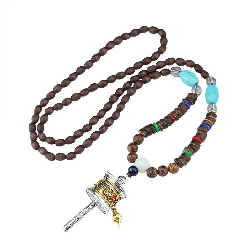 Tibetan Om Mani Padme Hum Prayer Wheel Rotating Vajra Wood Necklace Pendant