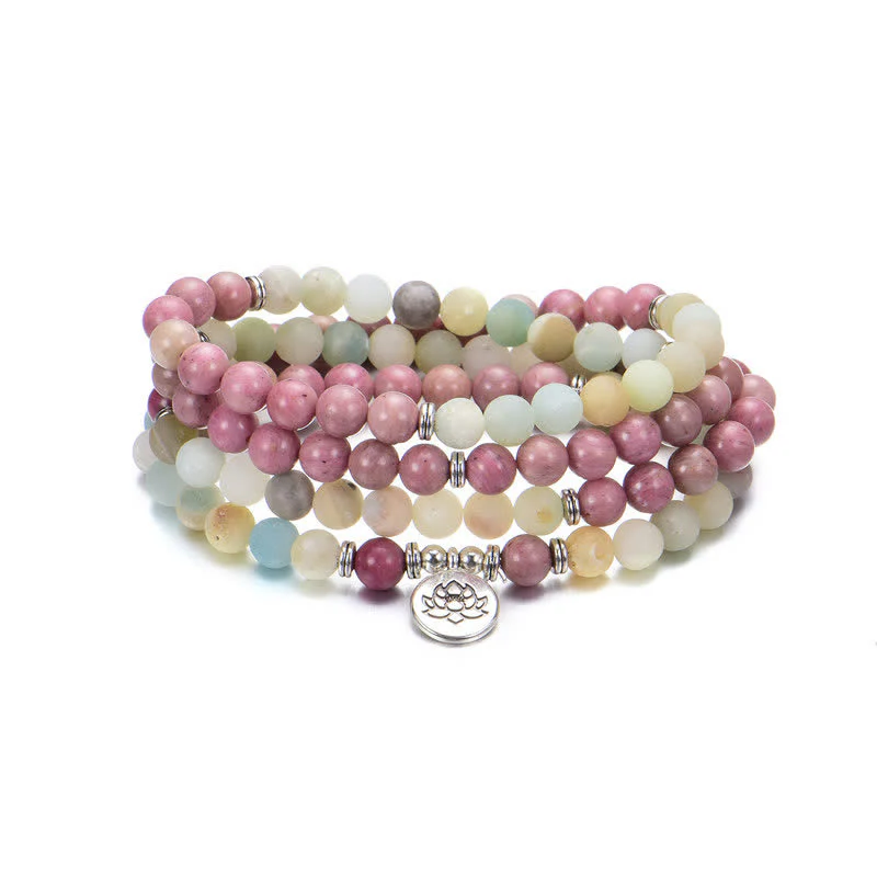 Lazurite Picasso Jasper Amazonite Rhodonite Apatite Positive Lotus Prayer Bead Bracelet