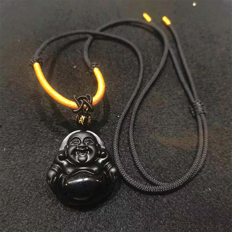 Natural Black Obsidian Ice Obsidian Laughing Buddha Purification Necklace Pendant