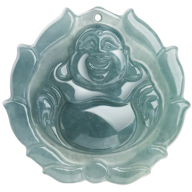 Renbeads Natural Jade Laughing Buddha Lotus Pattern Luck Necklace Pendant