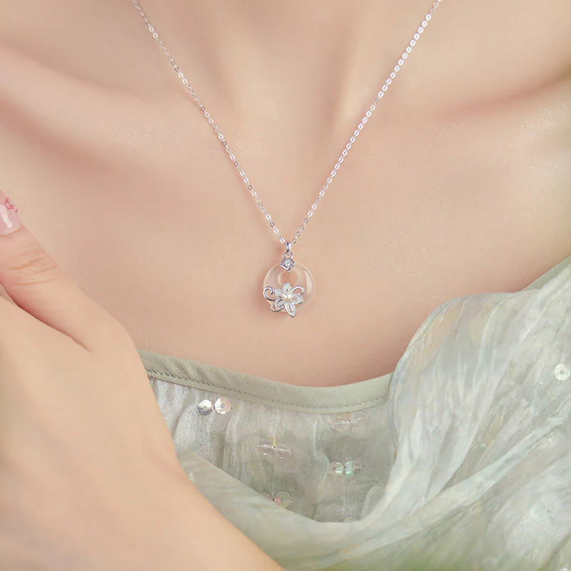 Chalcedony Peace Buckle 999 Sterling Silver Lotus Necklace Pendant