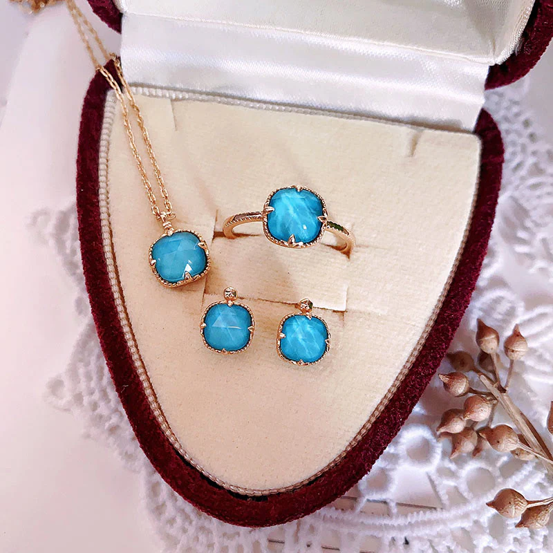 925 Sterling Silver Plated Gold Turquoise Protection Ring, Earrings, and Necklace Pendant Set