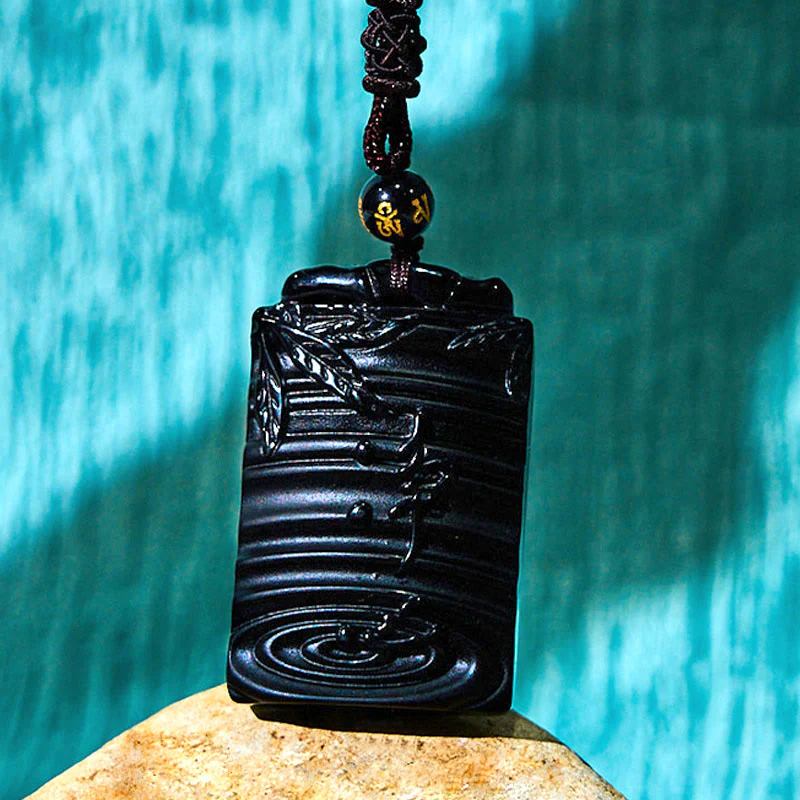 Natural Black Obsidian Bamboo Fulfillment Necklace Pendant