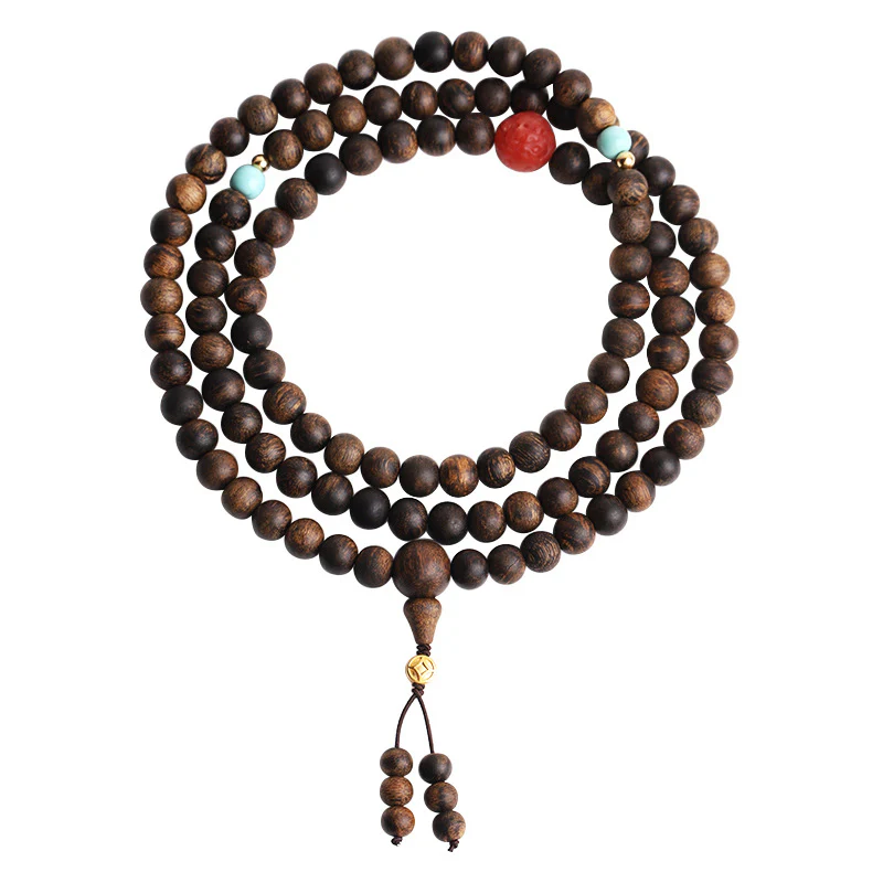 108 Mala Beads Agarwood Red Agate Turquoise Peace Meditation Bracelet
