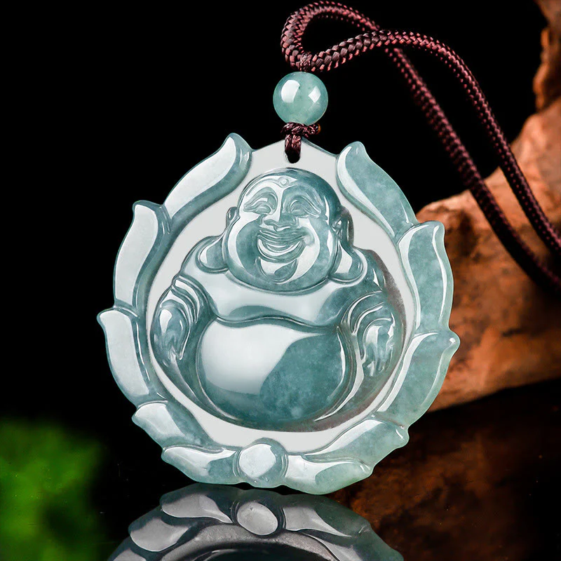 Renbeads Natural Jade Laughing Buddha Lotus Pattern Luck Necklace Pendant