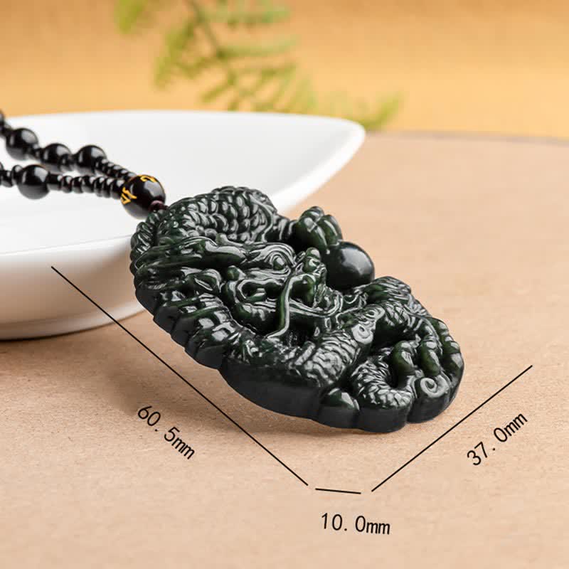 Hetian Cyan Jade Dragon Success Harmony Beaded Necklace Pendant