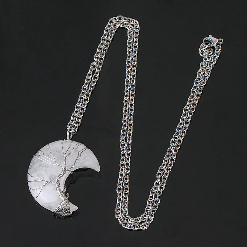 Natural Quartz Crystal Moon Tree of Life Healing Energy Necklace Pendant